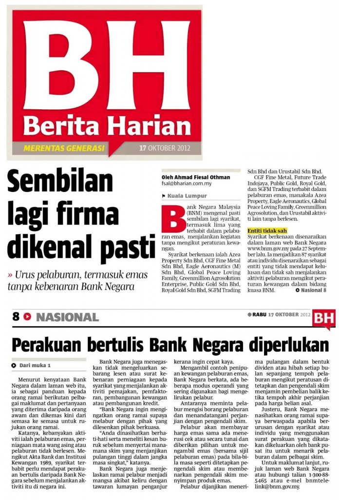 Public Gold Alert List BNM Berita Harian