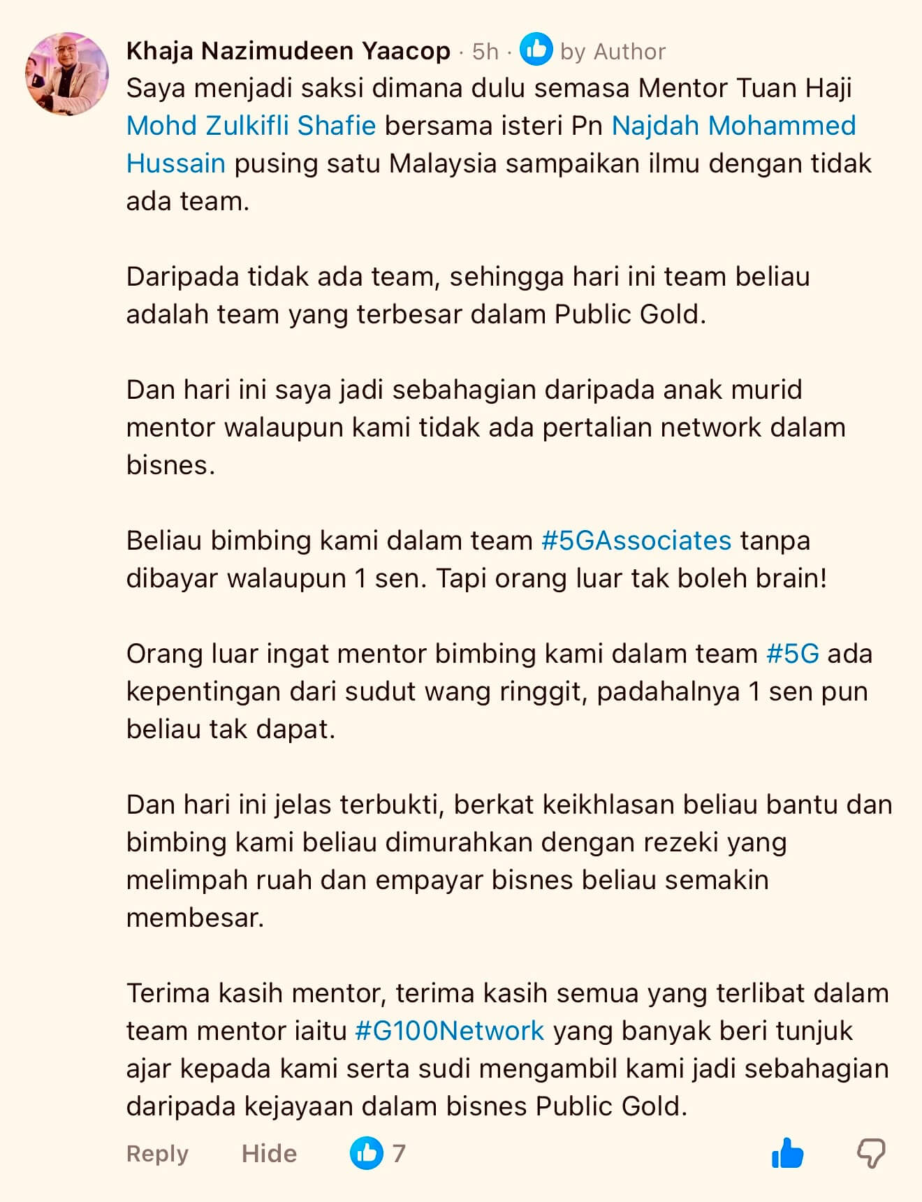 screenshot FB Khaja mentor bimbing team 5g associates